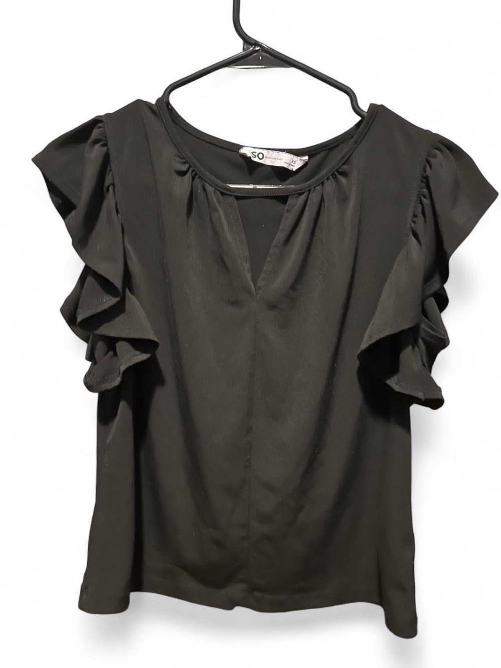 SO Black Ruffle-Sleeve V-Neck Blouse